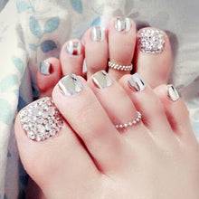 Load image into Gallery viewer, 24 pcs summer Beauty Chic Toe Nails Metallic silver For Foot Nail High Quality with rhinestone Foot False Nail
