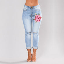 Load image into Gallery viewer, Stretch Embroidered Jeans For Women Elastic Flower Jeans Female Slim Denim Pants Hole Ripped Rose Pattern Jeans Pantalon Femme
