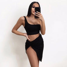 Load image into Gallery viewer, Women Summer One Shoulder Dress Sexy Umbilical Folds Stitching two Piece Dress Short Beach set
