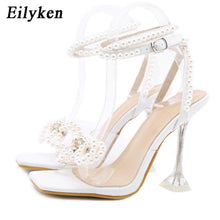 Load image into Gallery viewer, Rhinestone Bowknot Women Sandals PVC Jelly Transparent Perspex High Heels Summer Sexy Square toe Ankle Buckle Strap Shoe
