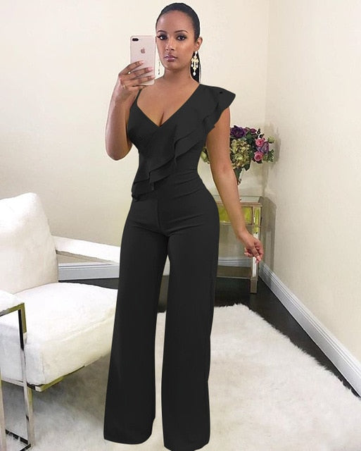 One Shoulder Ruffles Jumpsuits For Women Fashion V Neck Long Wide Leg Pants