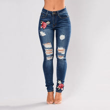 Load image into Gallery viewer, Stretch Embroidered Jeans For Women Elastic Flower Jeans Female Slim Denim Pants Hole Ripped Rose Pattern Jeans Pantalon Femme
