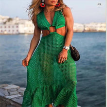 Load image into Gallery viewer, Women 2020 Plus Size 3XL Grid Swing Dresses Sexy Fishnet Low Neck Metal Twist Bandage Cut-out Waist Back Zip Long Dress Clubwear
