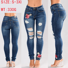 Load image into Gallery viewer, Stretch Embroidered Jeans For Women Elastic Flower Jeans Female Slim Denim Pants Hole Ripped Rose Pattern Jeans Pantalon Femme
