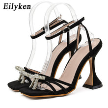 Load image into Gallery viewer, Rhinestone Bowknot Women Sandals PVC Jelly Transparent Perspex High Heels Summer Sexy Square toe Ankle Buckle Strap Shoe
