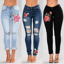 Load image into Gallery viewer, Stretch Embroidered Jeans For Women Elastic Flower Jeans Female Slim Denim Pants Hole Ripped Rose Pattern Jeans Pantalon Femme
