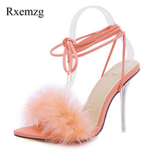 Load image into Gallery viewer, summer shoes woman pointed toe snake print high heels sexy feather women sandals ankle cross strap transparent clear heel
