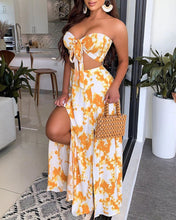 Load image into Gallery viewer, Printed Bandeau Sexy Strapless Crop Tops &amp; Slit Maxi Skirts Set Summer Women Two Piece Set
