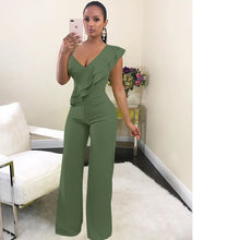 Load image into Gallery viewer, One Shoulder Ruffles Jumpsuits For Women Fashion V Neck Long Wide Leg Pants
