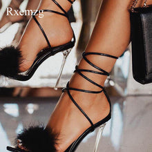 Load image into Gallery viewer, summer shoes woman pointed toe snake print high heels sexy feather women sandals ankle cross strap transparent clear heel
