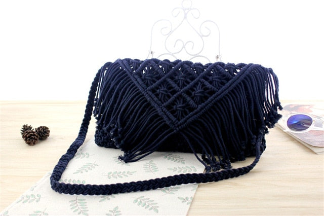 Tassel straw bag large clamshell cotton hand-woven casual female beach bag Knitted Messenger Bags