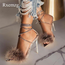 Load image into Gallery viewer, summer shoes woman pointed toe snake print high heels sexy feather women sandals ankle cross strap transparent clear heel
