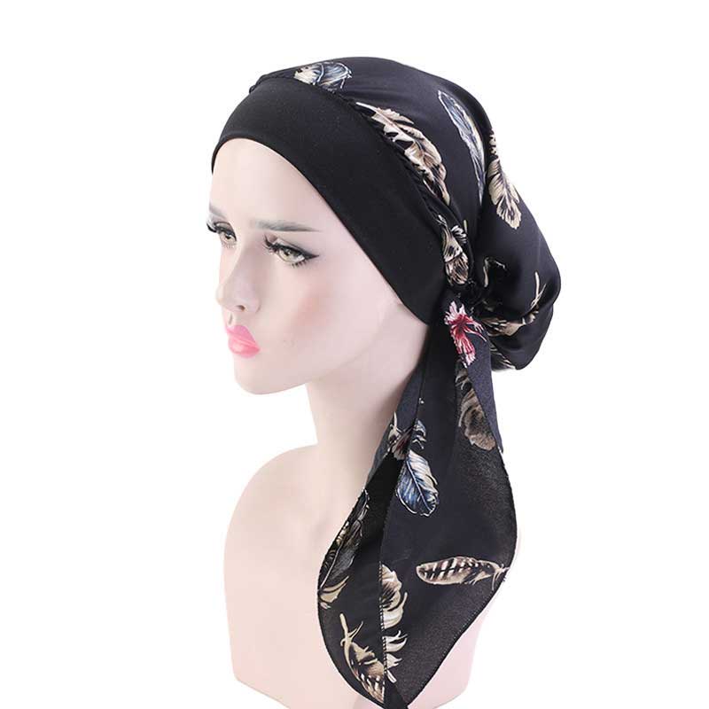 Fashion Women Vintage Elastic Cotton Night Sleeping Cap Printed Head Wrap Pre-Tied Turban Long Tail Chemo Cap Stretch Bandana