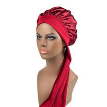 Load image into Gallery viewer, Women Satin Bonnet Spandex Wide Stretchy Band Long Tail Bonnet Satin Cheveux Nuit Silk Sleeping Night Cap Bonnets for Women
