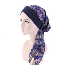 Load image into Gallery viewer, Fashion Women Vintage Elastic Cotton Night Sleeping Cap Printed Head Wrap Pre-Tied Turban Long Tail Chemo Cap Stretch Bandana
