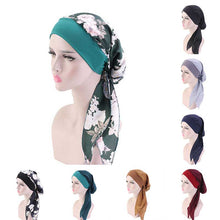 Load image into Gallery viewer, Fashion Women Vintage Elastic Cotton Night Sleeping Cap Printed Head Wrap Pre-Tied Turban Long Tail Chemo Cap Stretch Bandana
