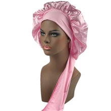 Load image into Gallery viewer, Women Satin Bonnet Spandex Wide Stretchy Band Long Tail Bonnet Satin Cheveux Nuit Silk Sleeping Night Cap Bonnets for Women
