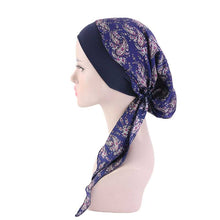 Load image into Gallery viewer, Fashion Women Vintage Elastic Cotton Night Sleeping Cap Printed Head Wrap Pre-Tied Turban Long Tail Chemo Cap Stretch Bandana
