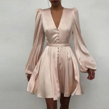 Load image into Gallery viewer, 2021 Spring Floral Print Satin Party Dress Women Deep V-neck Button Mini Dress Autumn Elegant Puff Shoulder A-Line Dresses Belt
