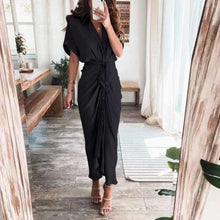 Load image into Gallery viewer, Fashion Turn-down Collar Draped Party Dresses Elegant Button Office Ladies Shirt Dress Women Summer Short Sleeve Slit Long Dress
