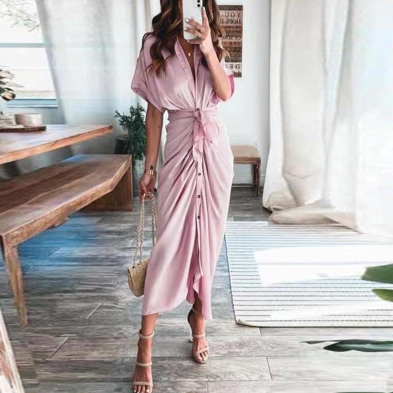 Fashion Turn-down Collar Draped Party Dresses Elegant Button Office Ladies Shirt Dress Women Summer Short Sleeve Slit Long Dress