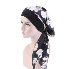 Load image into Gallery viewer, Fashion Women Vintage Elastic Cotton Night Sleeping Cap Printed Head Wrap Pre-Tied Turban Long Tail Chemo Cap Stretch Bandana
