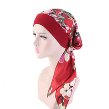 Load image into Gallery viewer, Fashion Women Vintage Elastic Cotton Night Sleeping Cap Printed Head Wrap Pre-Tied Turban Long Tail Chemo Cap Stretch Bandana
