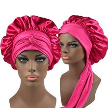 Load image into Gallery viewer, Women Satin Bonnet Spandex Wide Stretchy Band Long Tail Bonnet Satin Cheveux Nuit Silk Sleeping Night Cap Bonnets for Women
