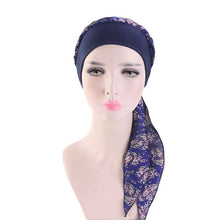 Load image into Gallery viewer, Fashion Women Vintage Elastic Cotton Night Sleeping Cap Printed Head Wrap Pre-Tied Turban Long Tail Chemo Cap Stretch Bandana
