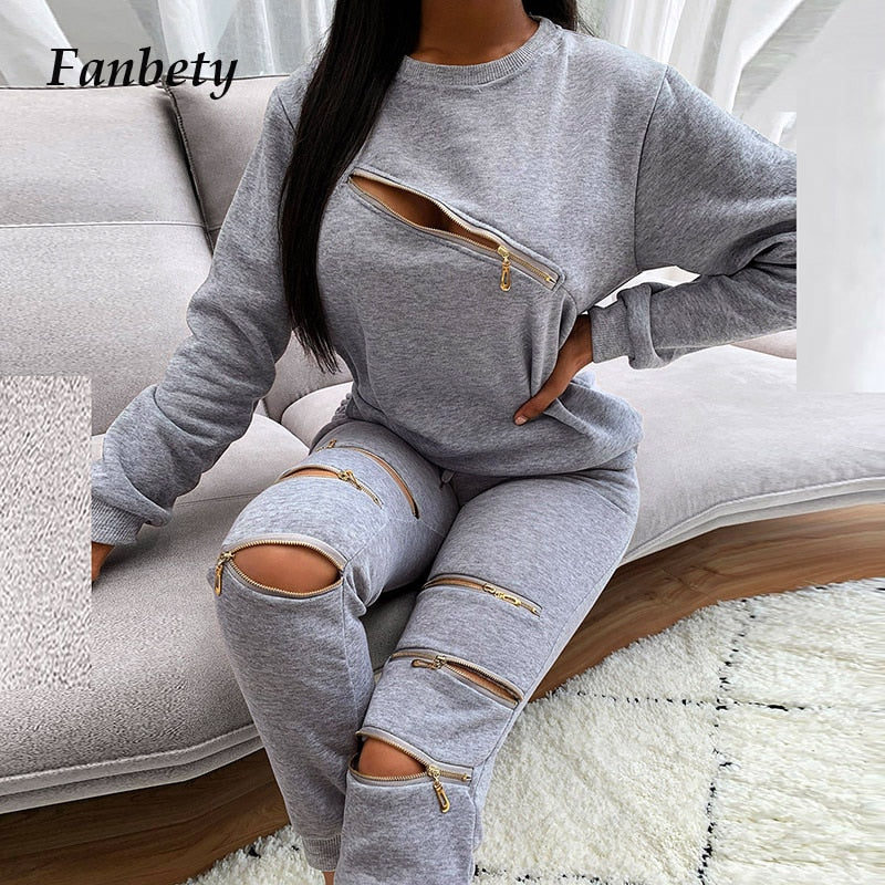 Fashion New Zipper Hollow Out Two-Piece Set Autumn Winter Women Elegant O-Neck Tops And Casual Long Pant Ladies Streetwear Suits