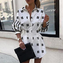 Load image into Gallery viewer, Office Lady Fashion Turn-Down Collar Shirt Dress Elegant Long Sleeve Letter Print Party Dress Autumn Zipper Mini Dress Vestidos
