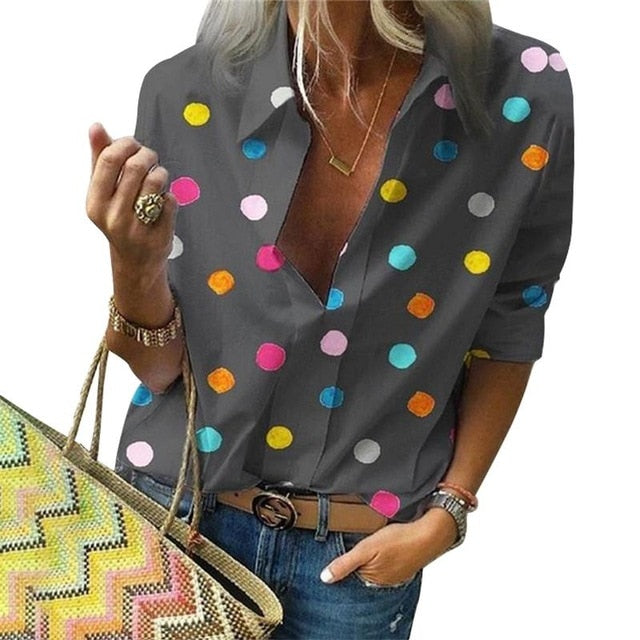 2020 New  Polka Dot  Blouse Women  Turn Down Collar Long Sleeve  Shirts  Plus Size  Clothes  Streetwear White Blouse  Women Xxl