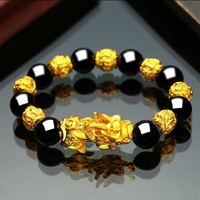 1pc Obsidian Stone Beads Chakra Bracelet Feng Shui Unisex Wristband Gold Black Pixiu Wealth Good Luck Women Charms Bracelet 23cm