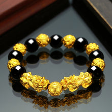 Load image into Gallery viewer, 1pc Obsidian Stone Beads Chakra Bracelet Feng Shui Unisex Wristband Gold Black Pixiu Wealth Good Luck Women Charms Bracelet 23cm
