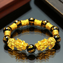 Load image into Gallery viewer, 1pc Obsidian Stone Beads Chakra Bracelet Feng Shui Unisex Wristband Gold Black Pixiu Wealth Good Luck Women Charms Bracelet 23cm
