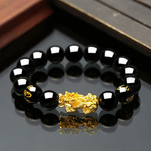 Load image into Gallery viewer, 1pc Obsidian Stone Beads Chakra Bracelet Feng Shui Unisex Wristband Gold Black Pixiu Wealth Good Luck Women Charms Bracelet 23cm
