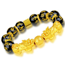 Load image into Gallery viewer, 1pc Obsidian Stone Beads Chakra Bracelet Feng Shui Unisex Wristband Gold Black Pixiu Wealth Good Luck Women Charms Bracelet 23cm
