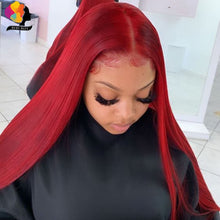 Load image into Gallery viewer, Remyblue 13*1 Lace Front Human Hair Wigs 99J Red Straight Malaysian Remy Human Hair Deep Part Wig Pre Plucked Baby Hair 28 inch
