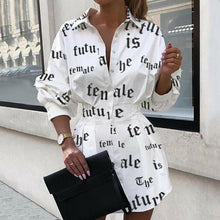 Load image into Gallery viewer, Office Lady Fashion Turn-Down Collar Shirt Dress Elegant Long Sleeve Letter Print Party Dress Autumn Zipper Mini Dress Vestidos
