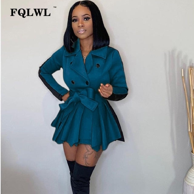 FQLWL Patchwork Office Lady Ruffles Sexy Bodycon Dress Women Fall Sashes Long Sleeve A Line Mini Dress Female Casual Short Dress