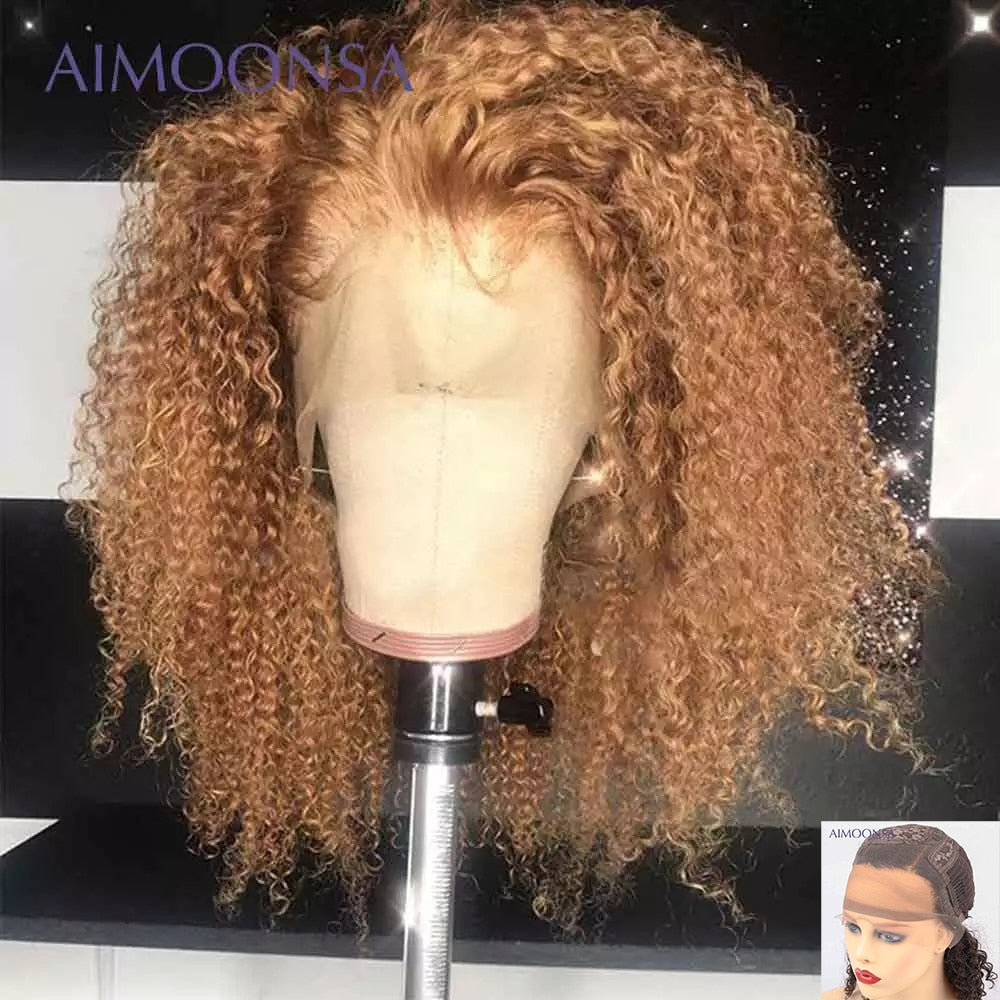 Brown and Blonde Highlight Wig Mongolian Afro Kinky Curly Wig Human Hair Wigs For Women 180 Density T Lace Part Wig 13x6 6x1Remy