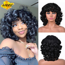 Load image into Gallery viewer, Short Hair Afro Curly Wig With Bangs Loose Synthetic Cosplay Fluffy Shoulder Length Natural Wigs For Black Women Dark Brown 14&quot;
