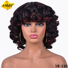 Load image into Gallery viewer, Short Hair Afro Curly Wig With Bangs Loose Synthetic Cosplay Fluffy Shoulder Length Natural Wigs For Black Women Dark Brown 14&quot;
