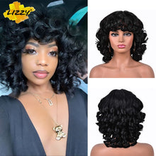 Load image into Gallery viewer, Short Hair Afro Curly Wig With Bangs Loose Synthetic Cosplay Fluffy Shoulder Length Natural Wigs For Black Women Dark Brown 14&quot;
