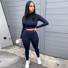 Load image into Gallery viewer, Two Piece Sets Women Solid Autumn Tracksuits High Waist Stretchy Sportswear Hot Crop Tops And Leggings Matching Outfits
