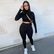 Load image into Gallery viewer, Two Piece Sets Women Solid Autumn Tracksuits High Waist Stretchy Sportswear Hot Crop Tops And Leggings Matching Outfits
