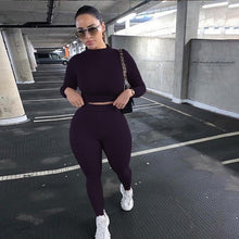 Load image into Gallery viewer, Two Piece Sets Women Solid Autumn Tracksuits High Waist Stretchy Sportswear Hot Crop Tops And Leggings Matching Outfits
