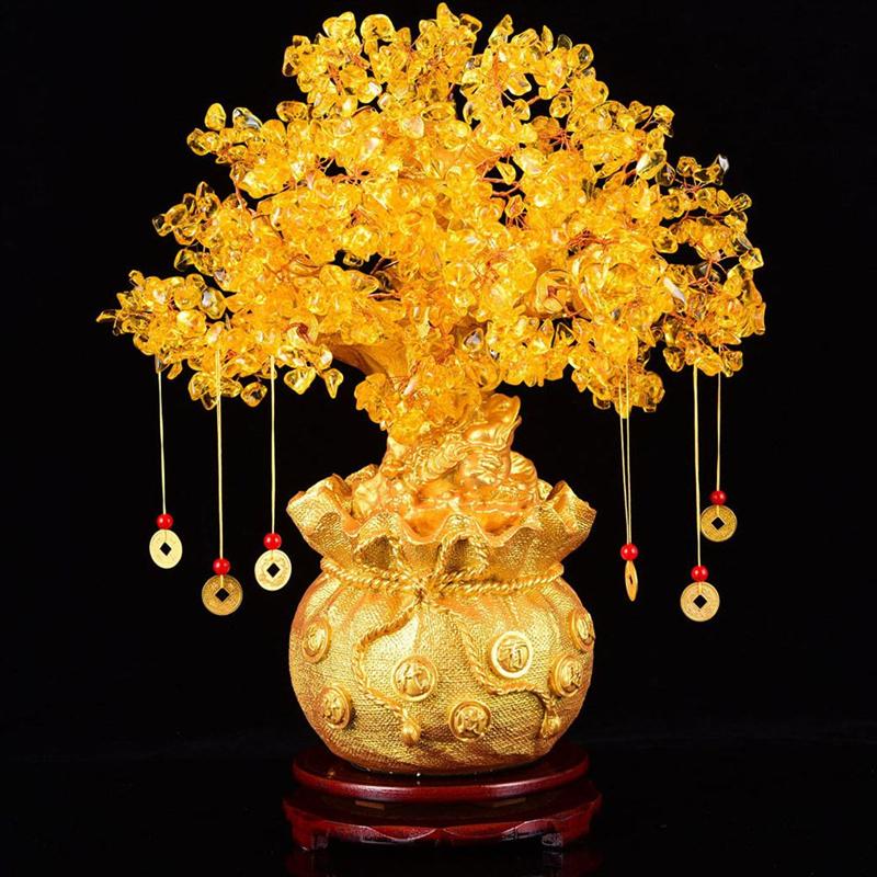 19cm Natural Crystal Tree Money Tree Ornaments Bonsai Style Wealth Luck Feng Shui Ornaments Home Decor(with Gold Coins and Base)