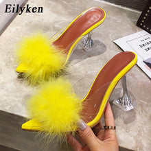 Load image into Gallery viewer, Eilyken 2021 New PVC shoes Woman Feather Transparent High heels Fur Pumps Slippers Women Peep toe Mules Lady Pumps Slides White
