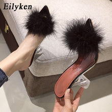 Load image into Gallery viewer, Eilyken 2021 New PVC shoes Woman Feather Transparent High heels Fur Pumps Slippers Women Peep toe Mules Lady Pumps Slides White
